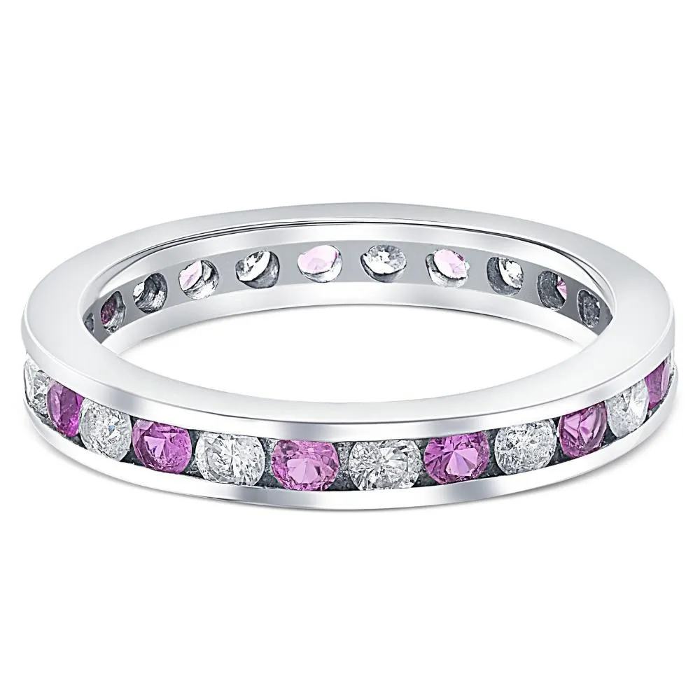 1 1/2ct Pink Sapphire & Diamond Eternity Channel Set Wedding Ring 14k White Gold