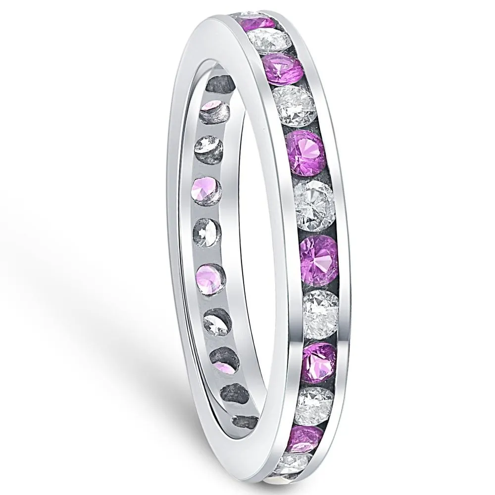 1 1/2ct Pink Sapphire & Diamond Eternity Channel Set Wedding Ring 14k White Gold