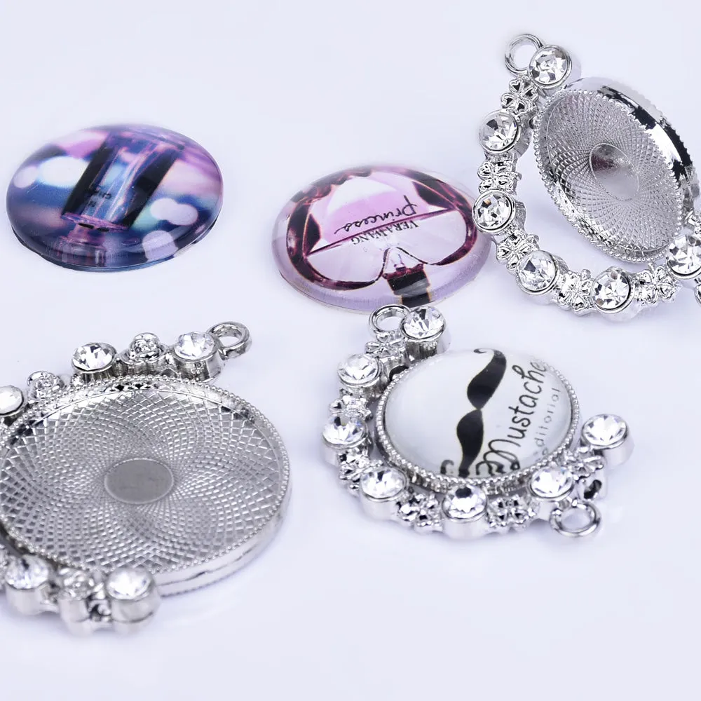 25mm Zinc Alloy Double Sided Pendant Tray With Rhinestones Bezel Cabochon Settings Necklace or Key Chain 5pcs