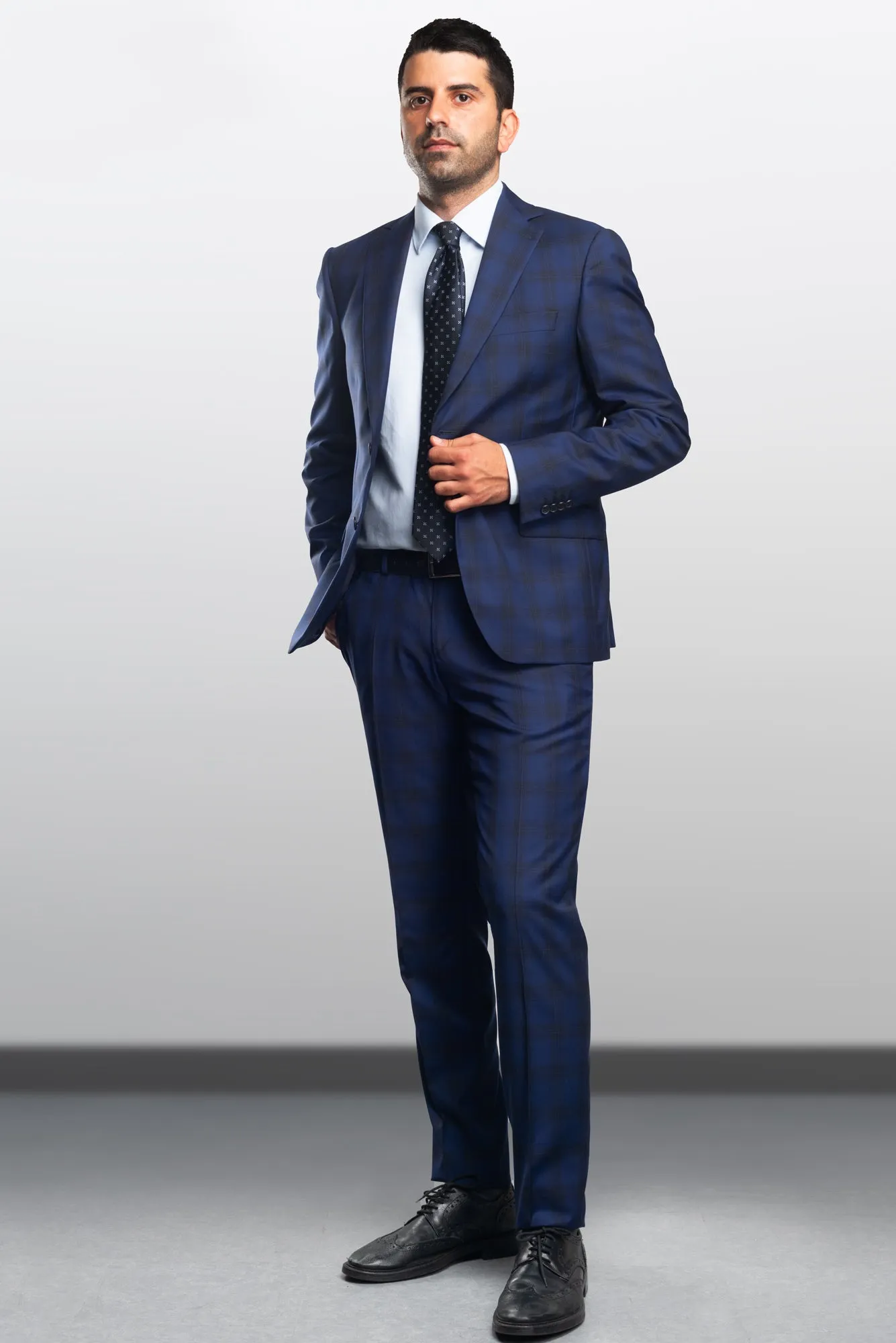 Blue/ Black Prince of Wales Cool Wool Suit by Reda