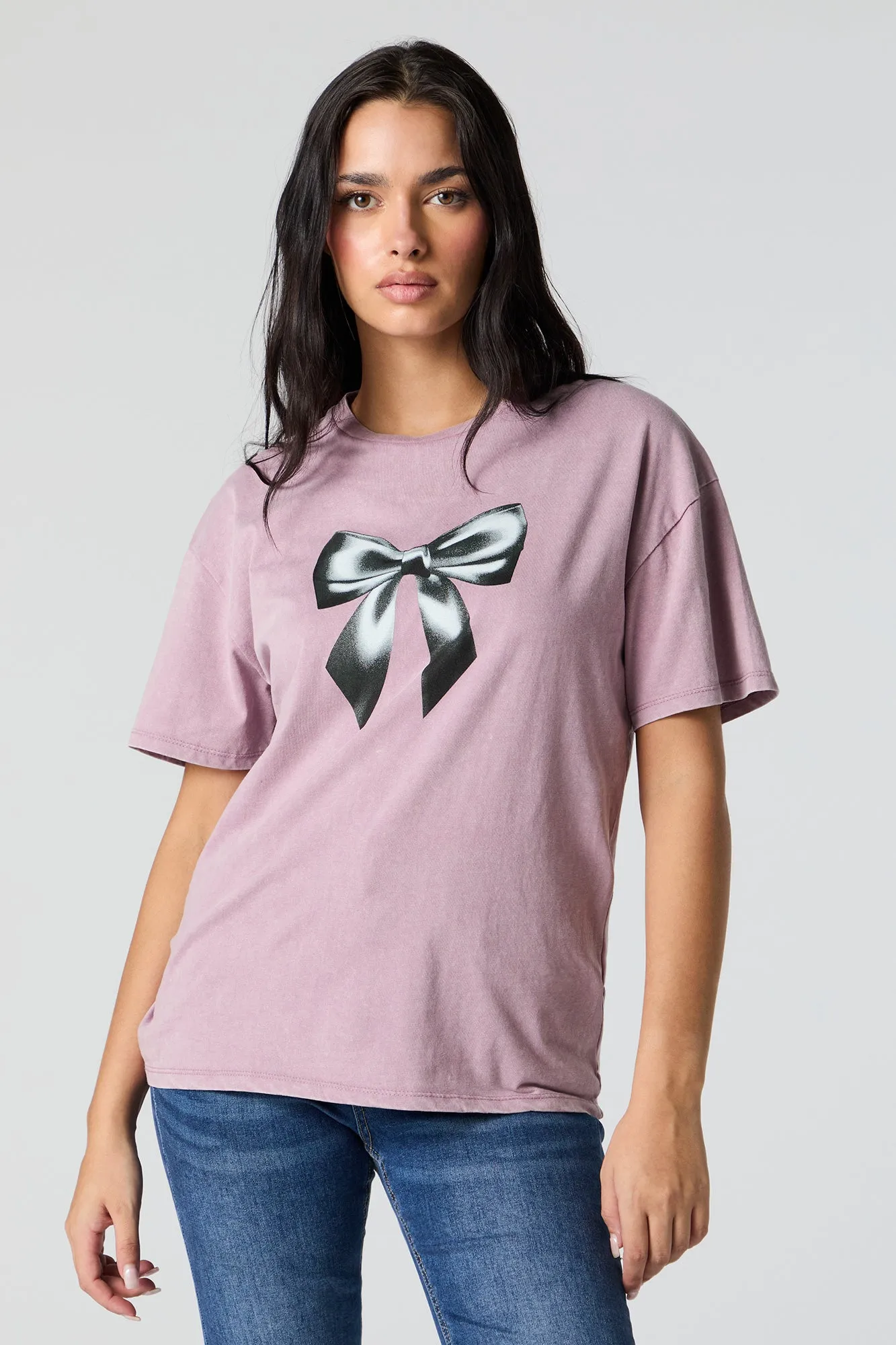 Bow Graphic Washed Boyfriend T-Shirt