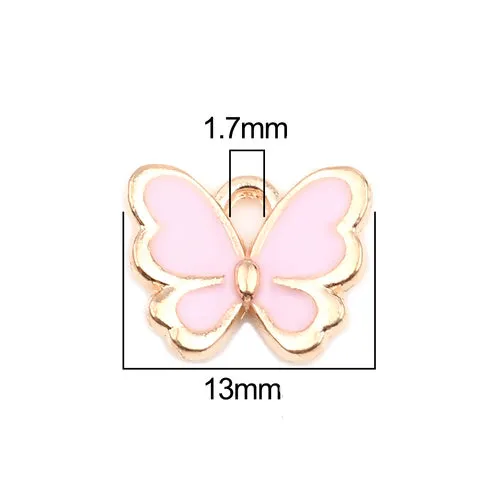 Charms, Butterfly, Single-Sided, Golden, Light Pink, Enameled, Alloy, 13mm