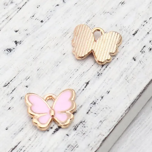 Charms, Butterfly, Single-Sided, Golden, Light Pink, Enameled, Alloy, 13mm