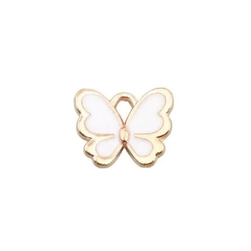 Charms, Butterfly, Single-Sided, Golden, White, Enameled, Alloy, 13mm