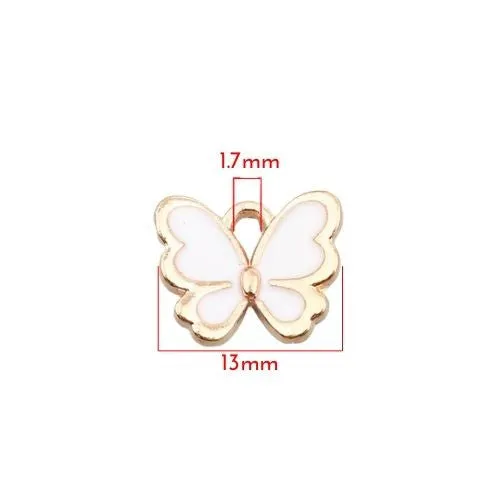 Charms, Butterfly, Single-Sided, Golden, White, Enameled, Alloy, 13mm