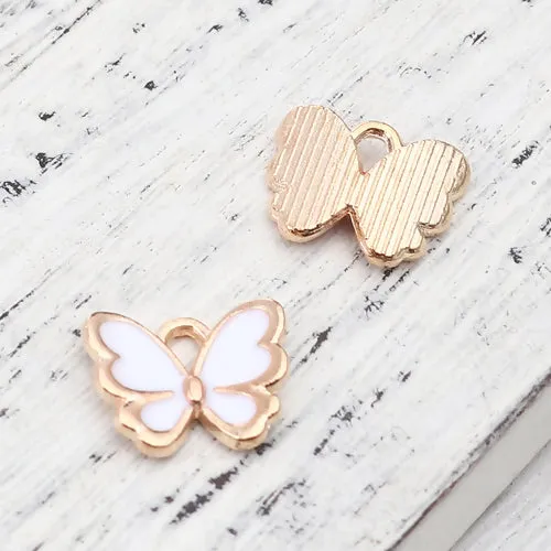 Charms, Butterfly, Single-Sided, Golden, White, Enameled, Alloy, 13mm