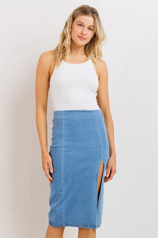 Denim Midi Length Slit Skirt