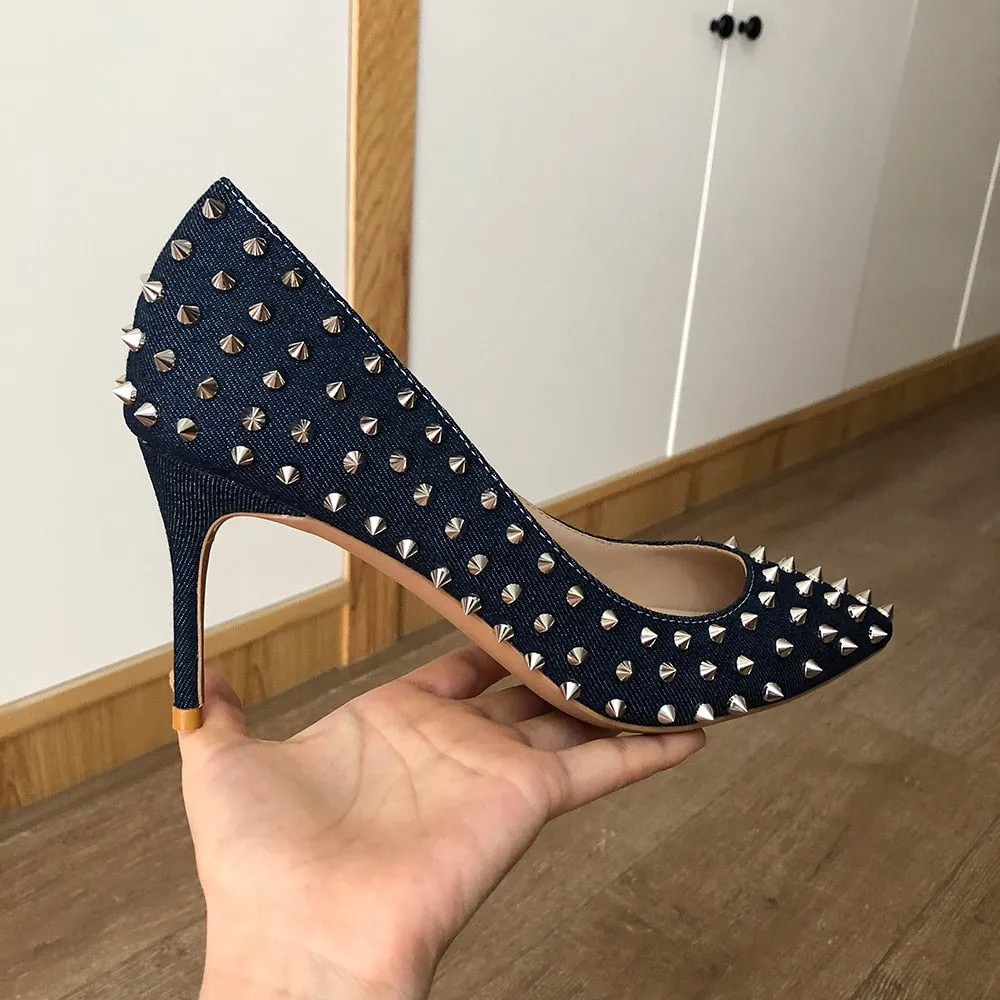 Denim Rivets High Heels Pumps