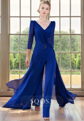 Elegnt V Neck 3/4 Sleeves Appliques Pant Suits Mother of the Bride Dress