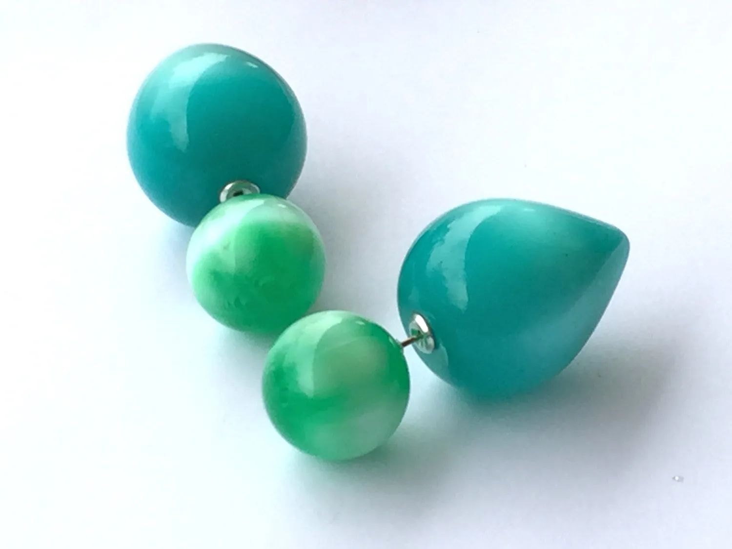 Emerald Green Stripe & Teal Moonglow Large Double Sided Stud Earrings