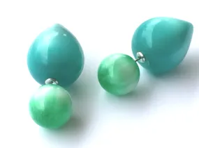 Emerald Green Stripe & Teal Moonglow Large Double Sided Stud Earrings