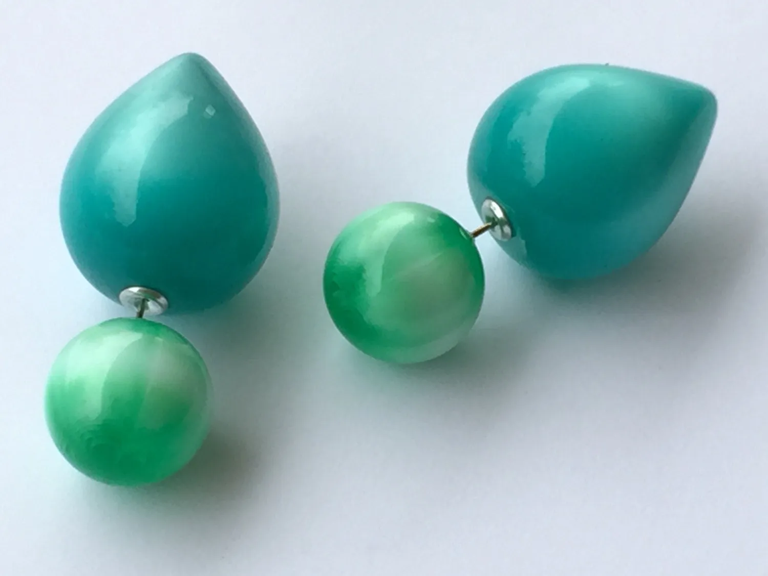 Emerald Green Stripe & Teal Moonglow Large Double Sided Stud Earrings