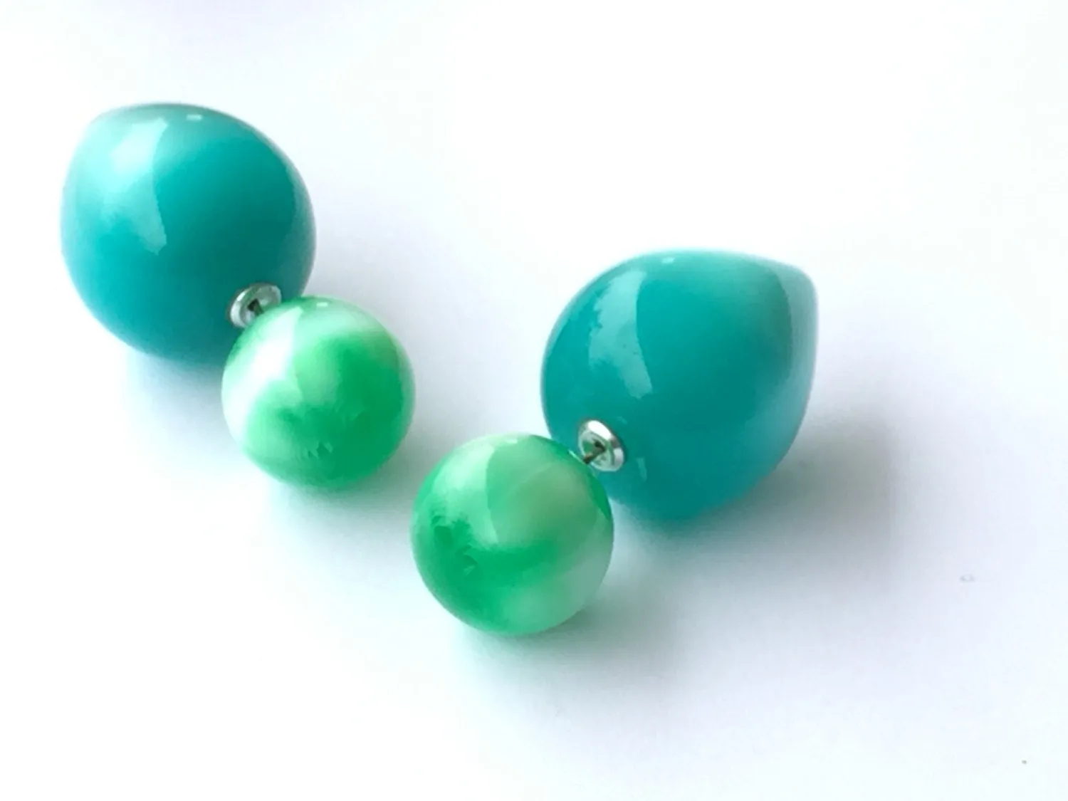 Emerald Green Stripe & Teal Moonglow Large Double Sided Stud Earrings