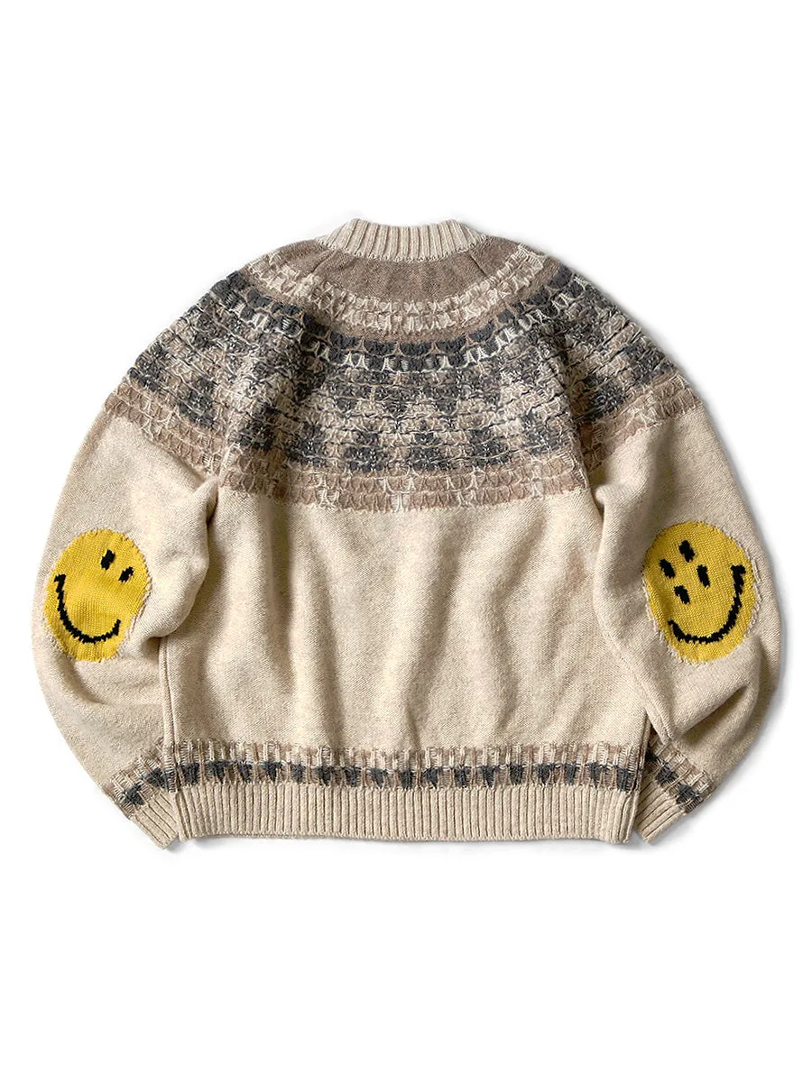 Kapital 5G Wool Nordic Happy Smilie Patch Raglan Sweater - Natural