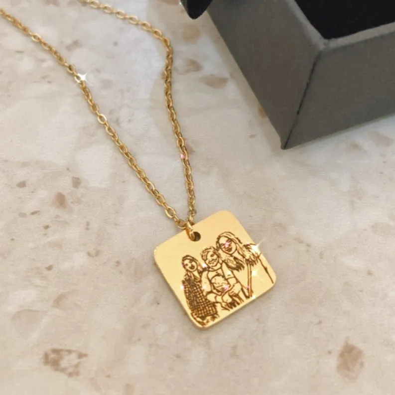 Lazer Engraved Single Sided Square Necklace - LINE ART