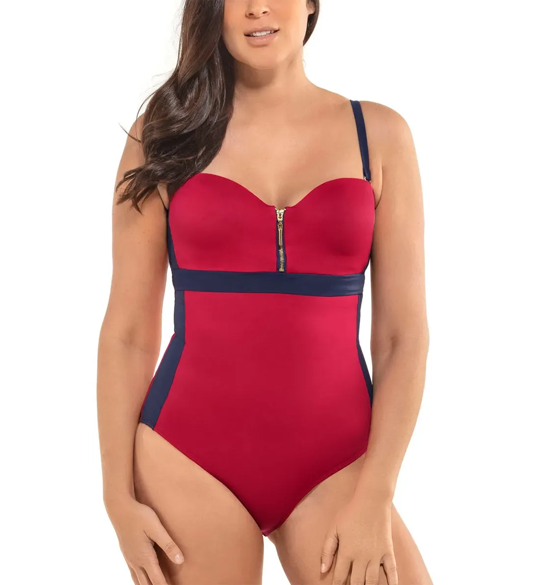 Leonisa Zip Front Color Block Sculpting One Piece Swimsuit (190896) - Red