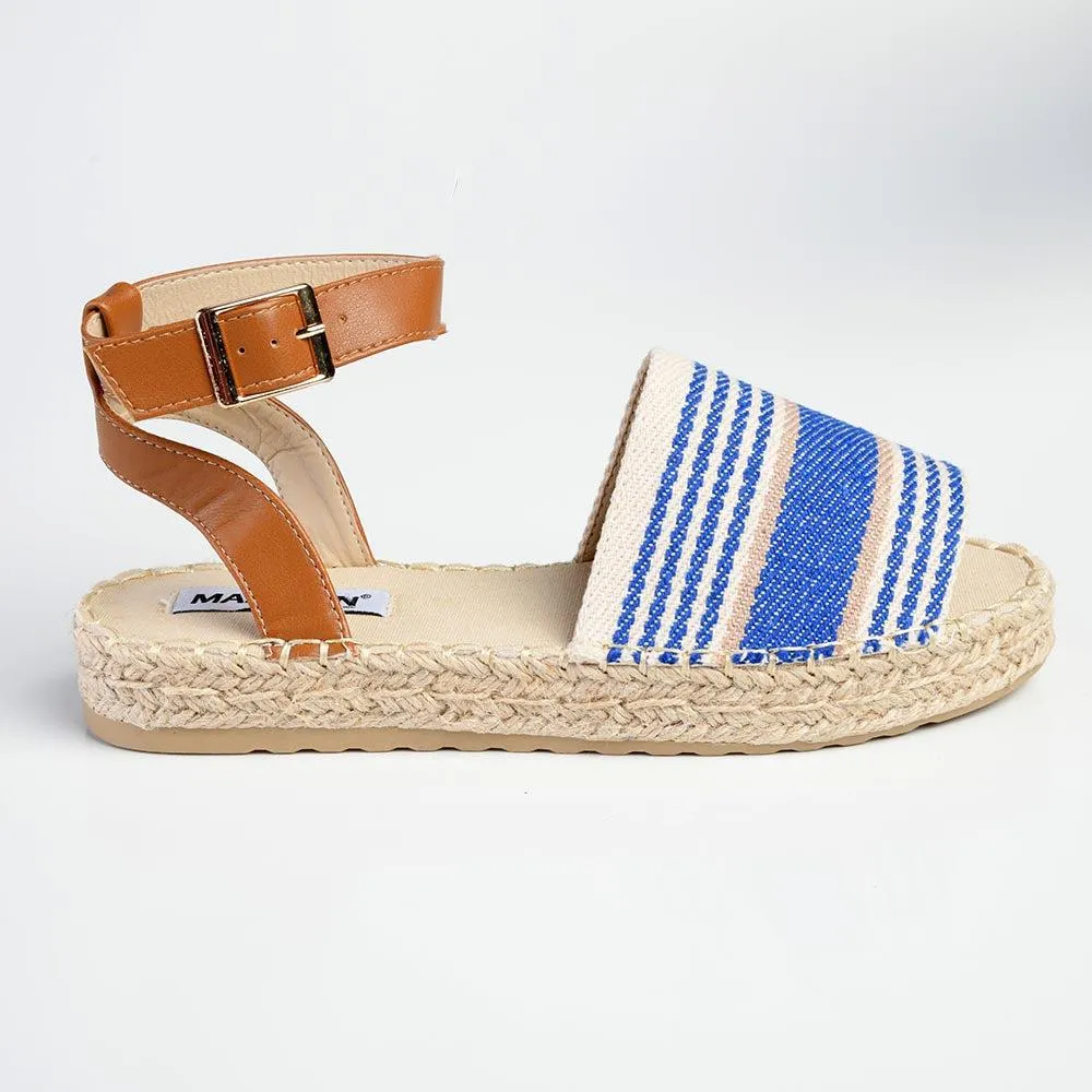 Madison Nautical Stripped Peep Toe Espadrille - Beige/Blue