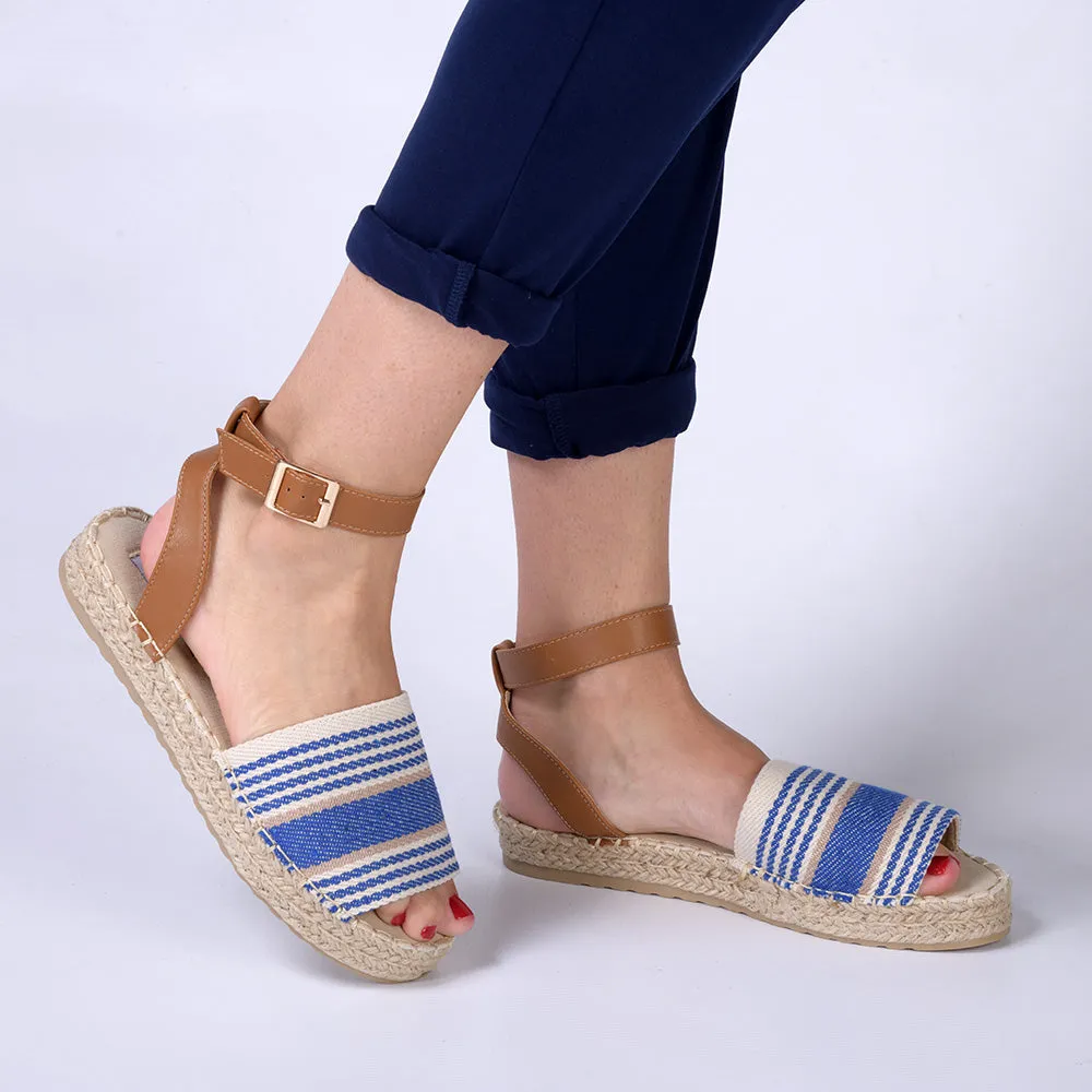 Madison Nautical Stripped Peep Toe Espadrille - Beige/Blue