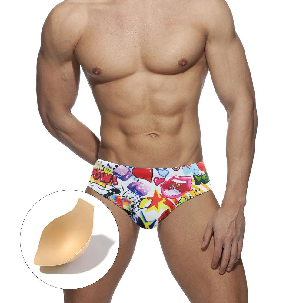 Men's Beach Surfing Briefs Padded Push-Up Cartoon Swimwear