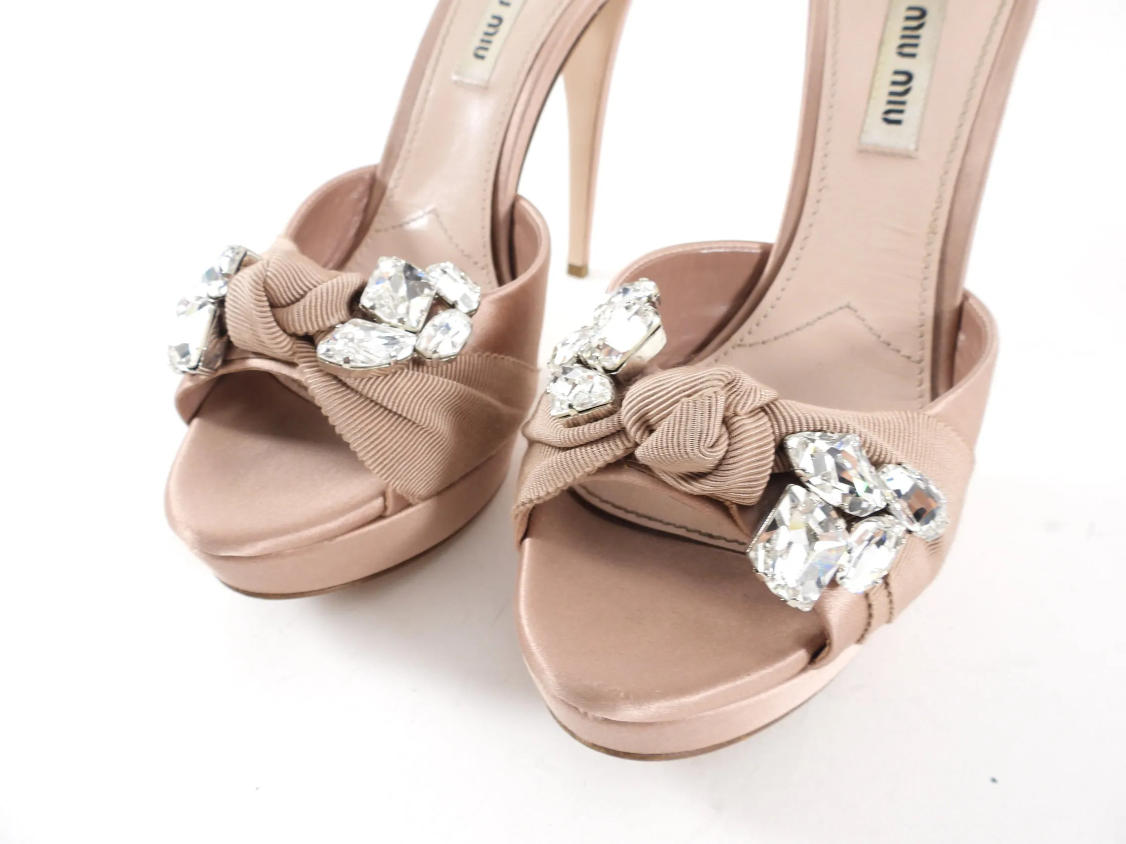 Miu Miu Nude Satin Jewel Platform Heels - 38.5