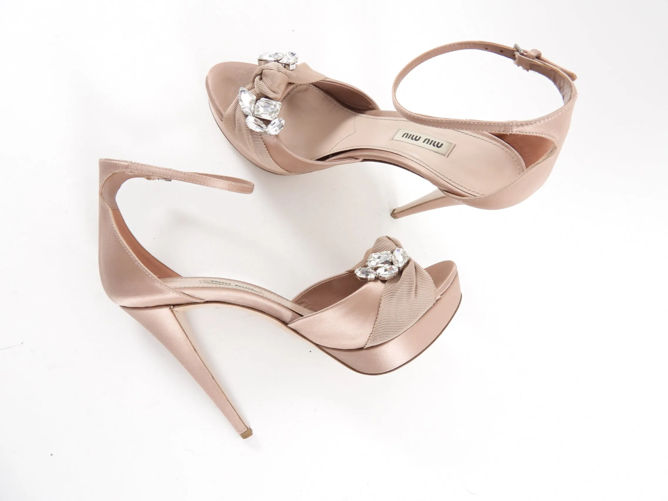 Miu Miu Nude Satin Jewel Platform Heels - 38.5