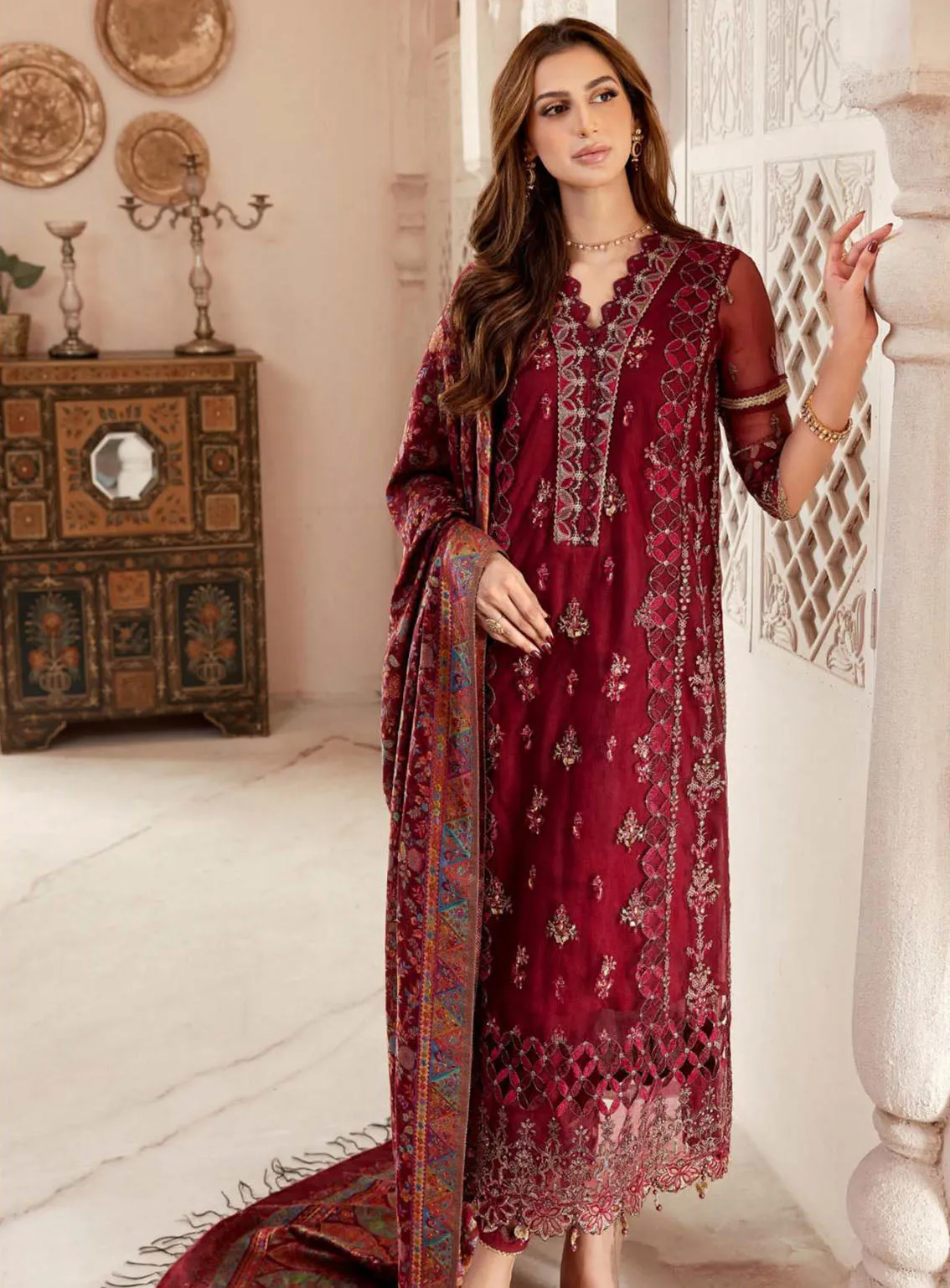 Noor Kaani By Saadia Asad Handmade Embroidered Net 3 Piece Unstitched Suit SA23K D7