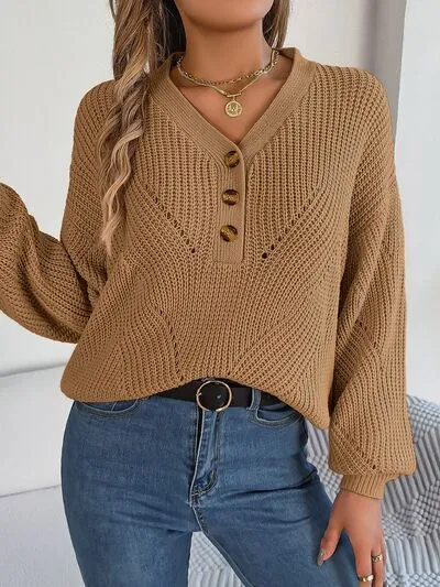 Openwork Half Button Lantern Sleeve Sweater