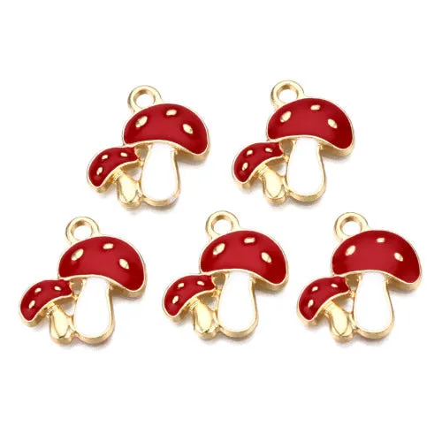 Pendants, Double Mushroom, White, Red, Enameled, Single-Sided, Light Gold Plated, Alloy, 19.5mm