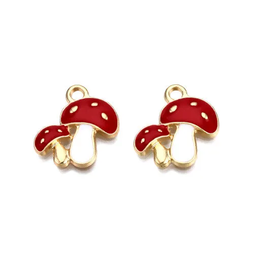 Pendants, Double Mushroom, White, Red, Enameled, Single-Sided, Light Gold Plated, Alloy, 19.5mm