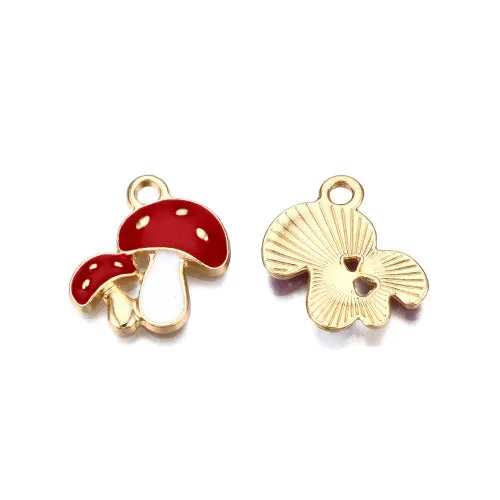 Pendants, Double Mushroom, White, Red, Enameled, Single-Sided, Light Gold Plated, Alloy, 19.5mm