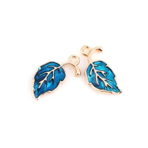 Pendants, Leaf, Single-Sided, Blue, Enameled, Gold Plated, Alloy, 20mm