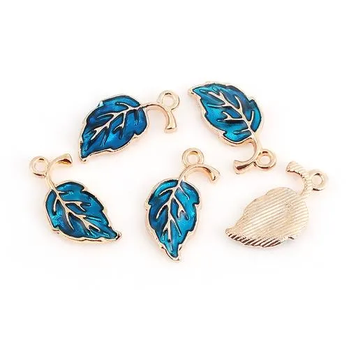 Pendants, Leaf, Single-Sided, Blue, Enameled, Gold Plated, Alloy, 20mm