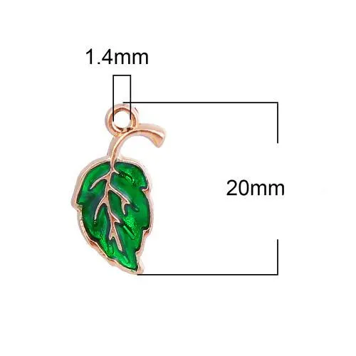 Pendants, Leaf, Single-Sided, Green, Enameled, Gold Plated, Alloy, 20mm