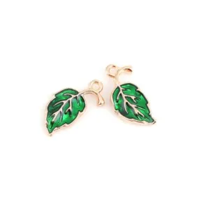 Pendants, Leaf, Single-Sided, Green, Enameled, Gold Plated, Alloy, 20mm