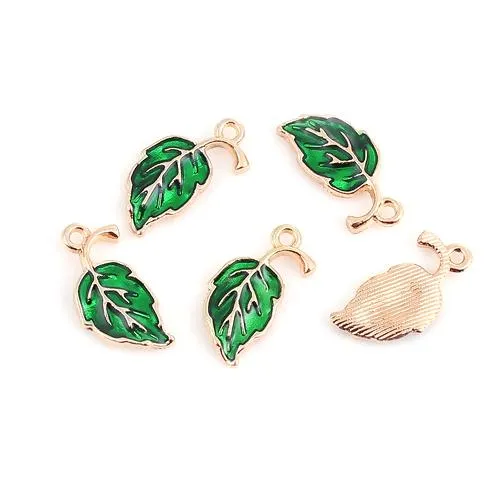 Pendants, Leaf, Single-Sided, Green, Enameled, Gold Plated, Alloy, 20mm