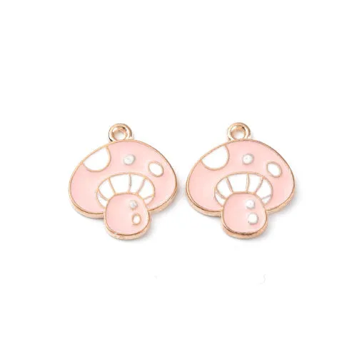 Pendants, Mushroom, White, Pink, Enameled, Flat, Single-Sided, Light Gold Plated, Alloy, 19.5mm