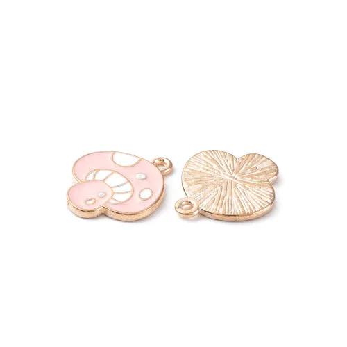 Pendants, Mushroom, White, Pink, Enameled, Flat, Single-Sided, Light Gold Plated, Alloy, 19.5mm