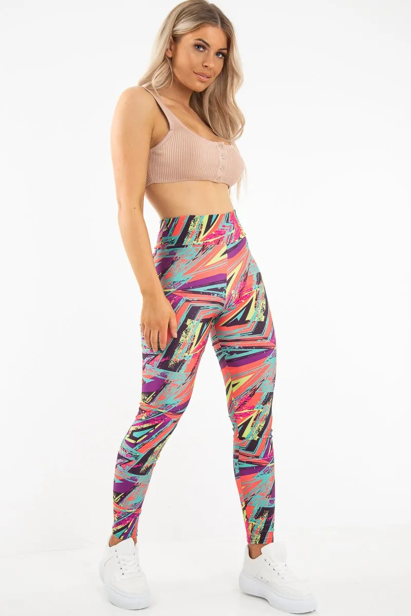 Pink Abstract High Waist Activewear Leggings - Ryli