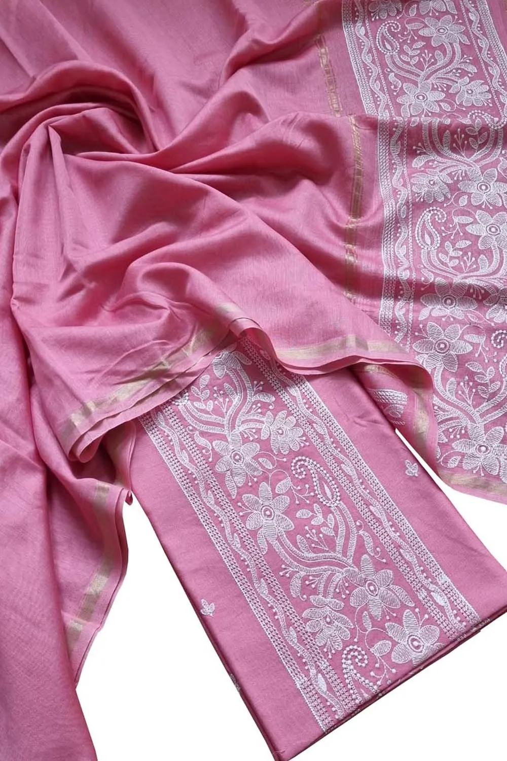 Pink Banarasi Embroidered Chanderi Silk Three Piece Unstitched Suit Set