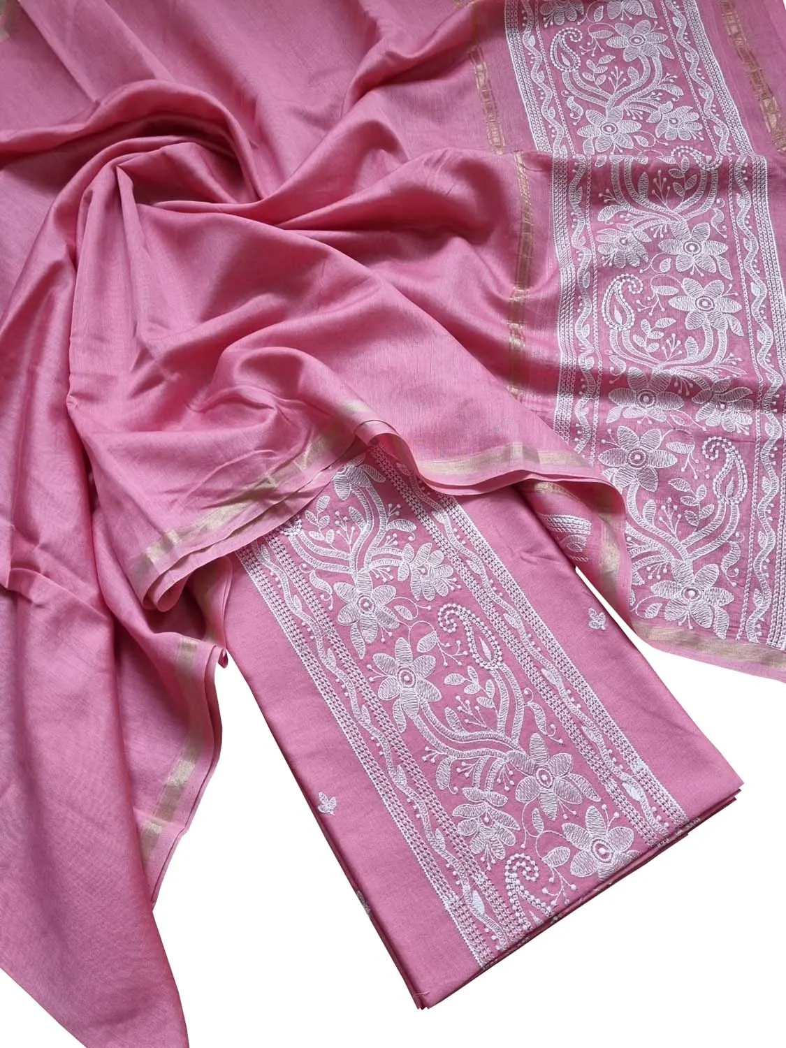 Pink Banarasi Embroidered Chanderi Silk Three Piece Unstitched Suit Set