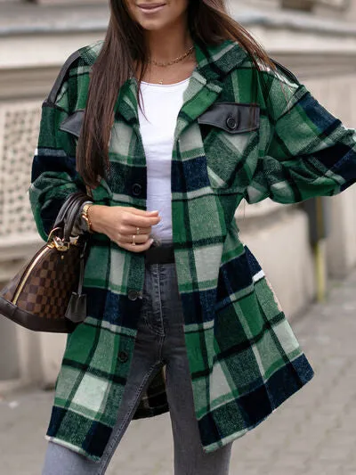 Pocketed Plaid Button Up Dropped Shoulder Shacket