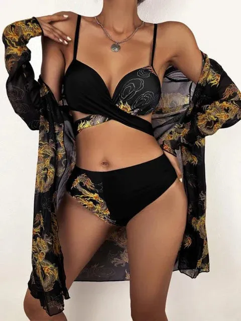 Sexy 3-Piece Snake Swimwear High Waist Push Up Bikini Set with Cover Up