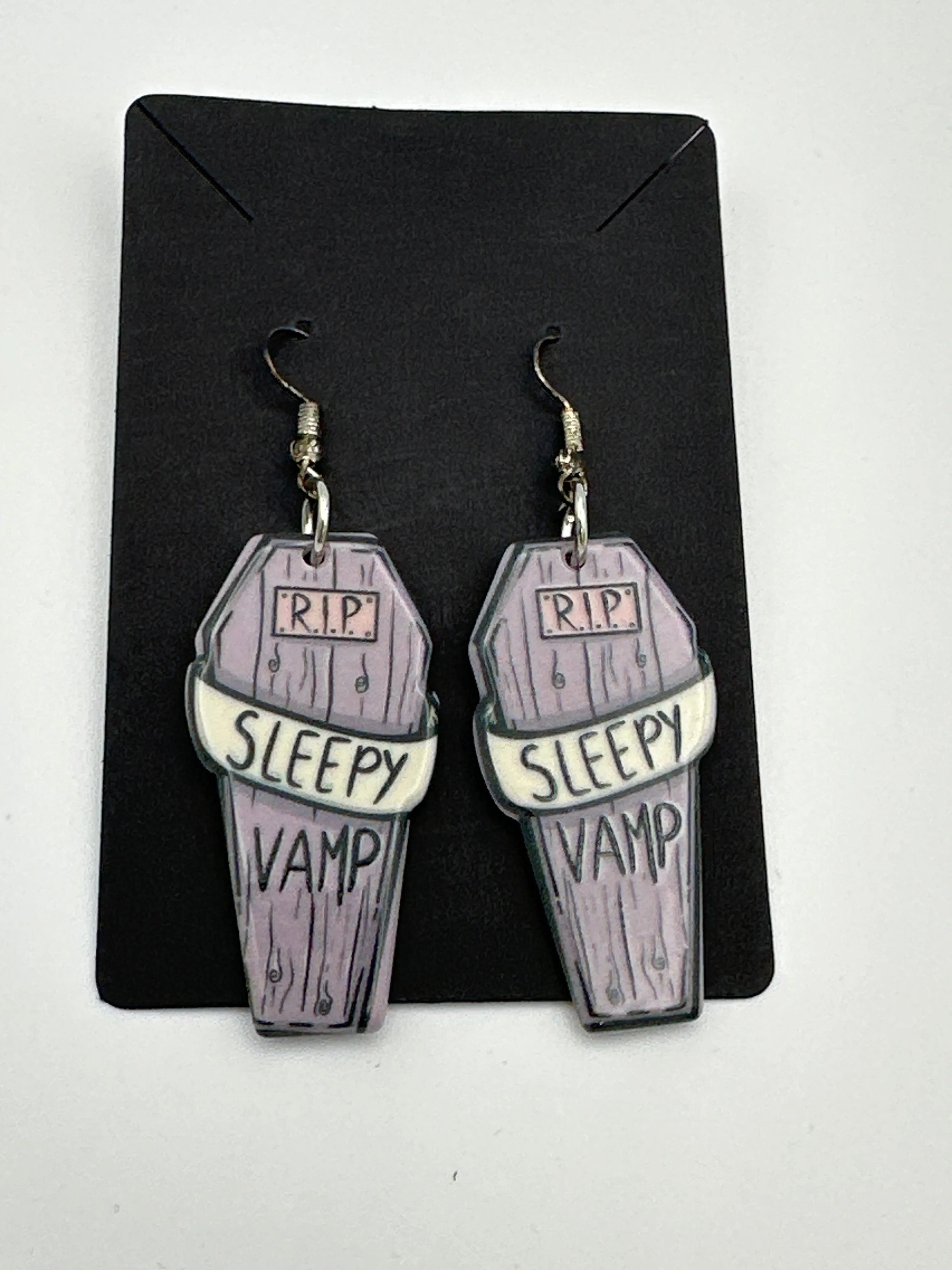 Sleepy vamp coffin shaped double sided acrylic earrings