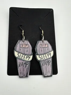 Sleepy vamp coffin shaped double sided acrylic earrings