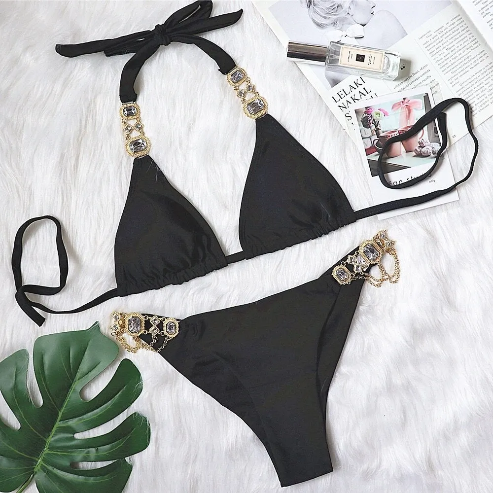 Snake Print Crystal Split Bikini Set with Thongs