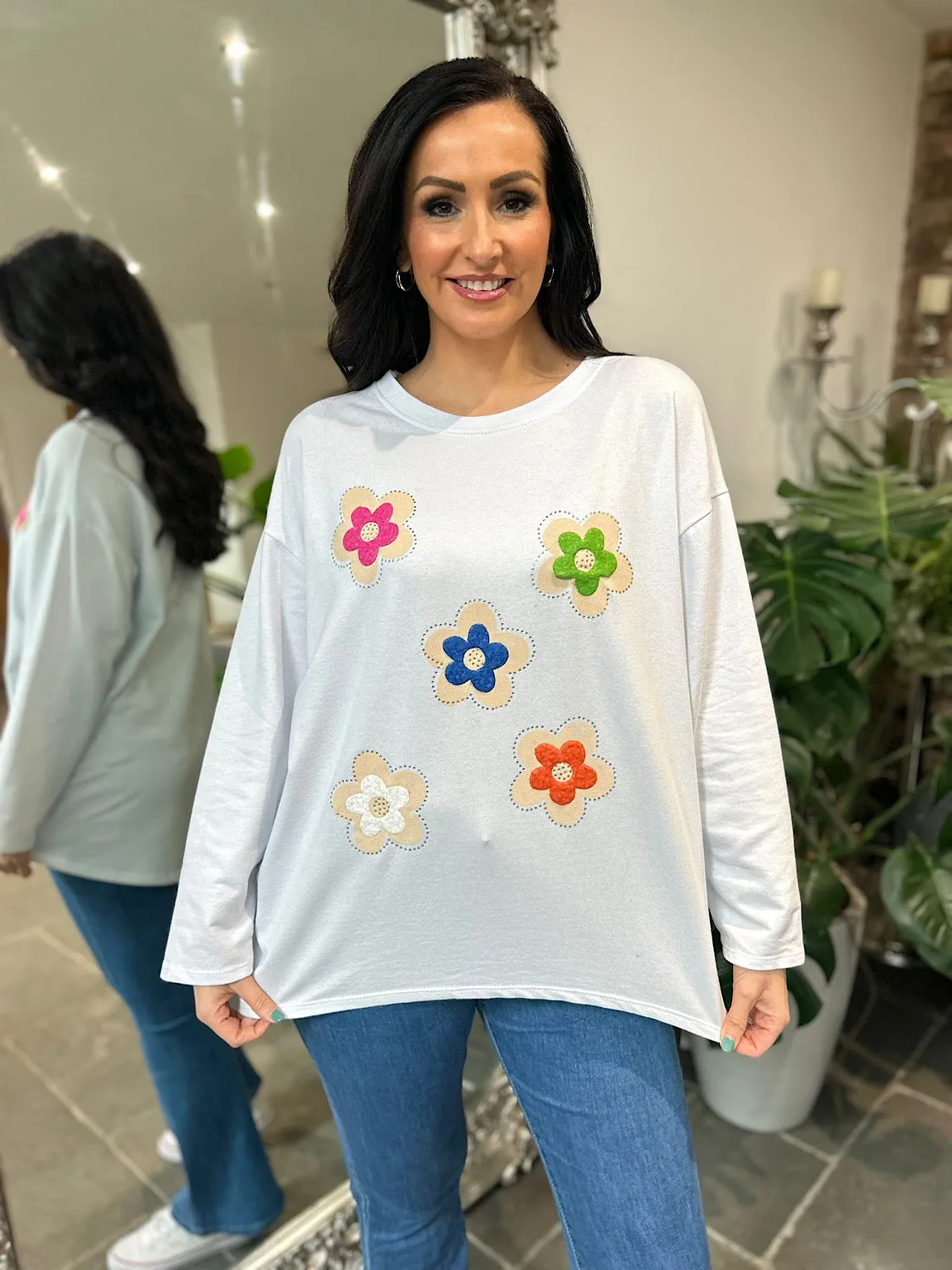 White Textured Flower Sweat Top Harriet