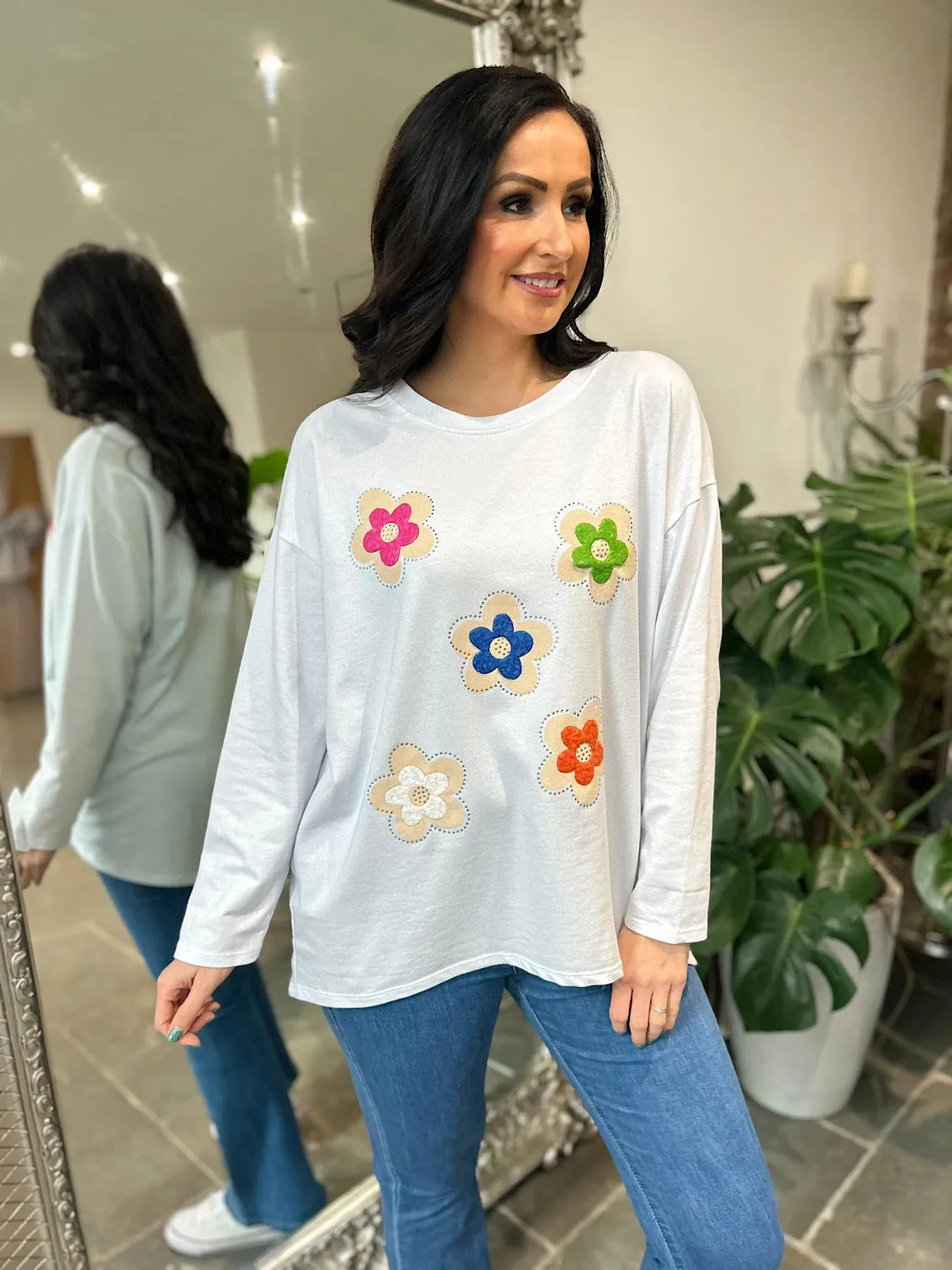 White Textured Flower Sweat Top Harriet