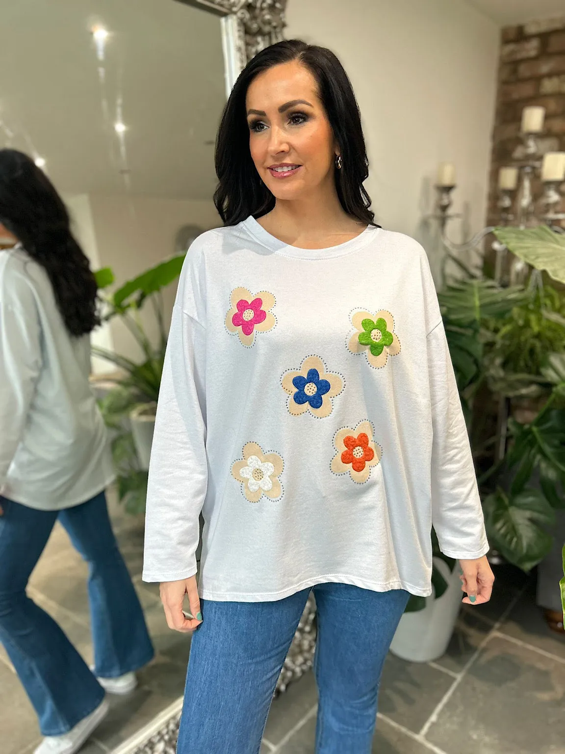 White Textured Flower Sweat Top Harriet