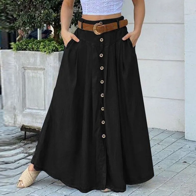 Women Button Patchwork Long Skirts