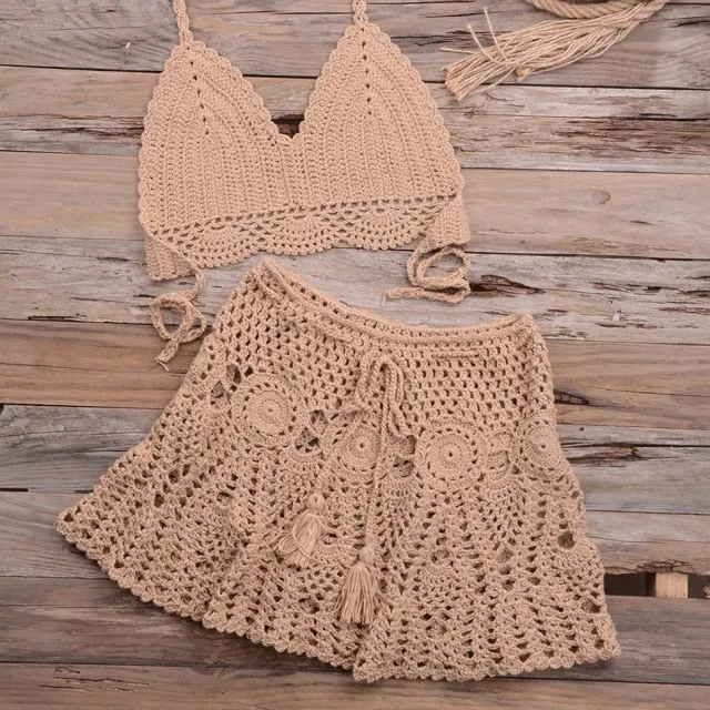 Women's Handmade Crochet Halter 2 Piece Bikini Set Beachwear